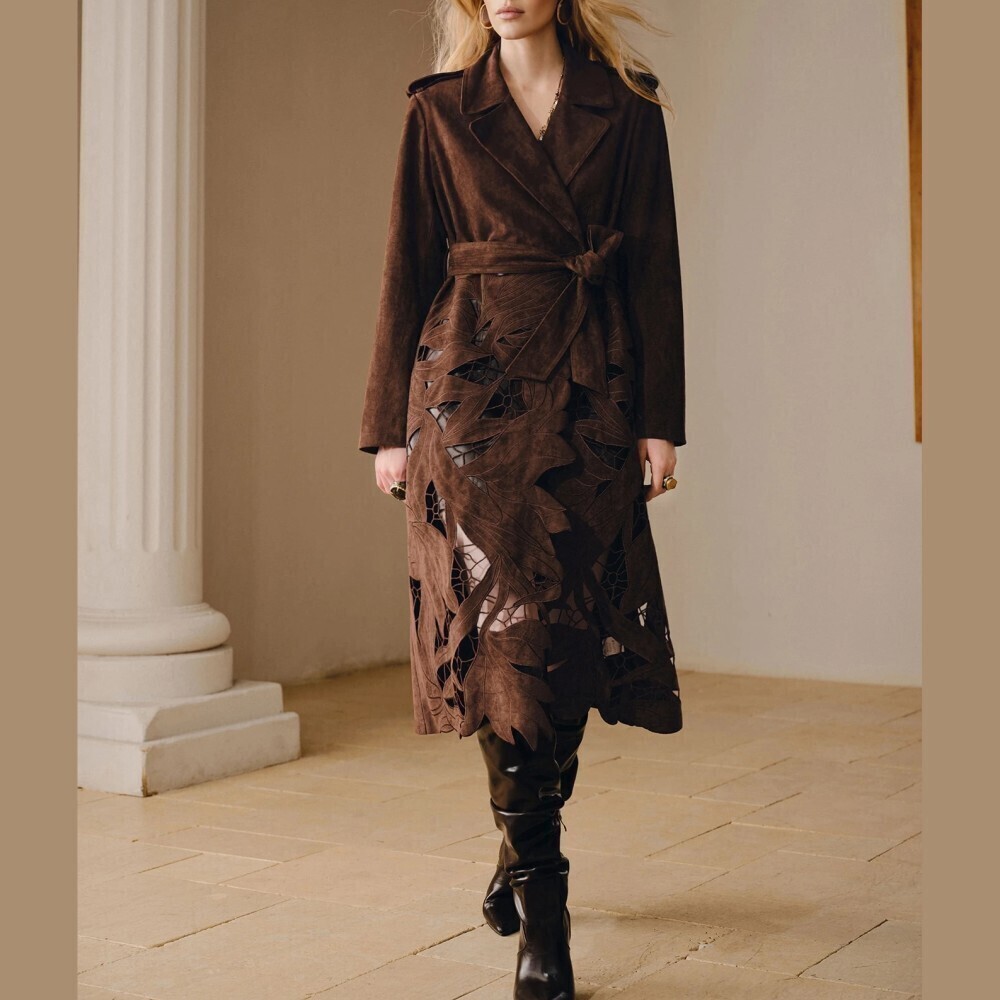 Brown Faux Suede Leaf Cutout Belted Lapel Midi Trench Coat